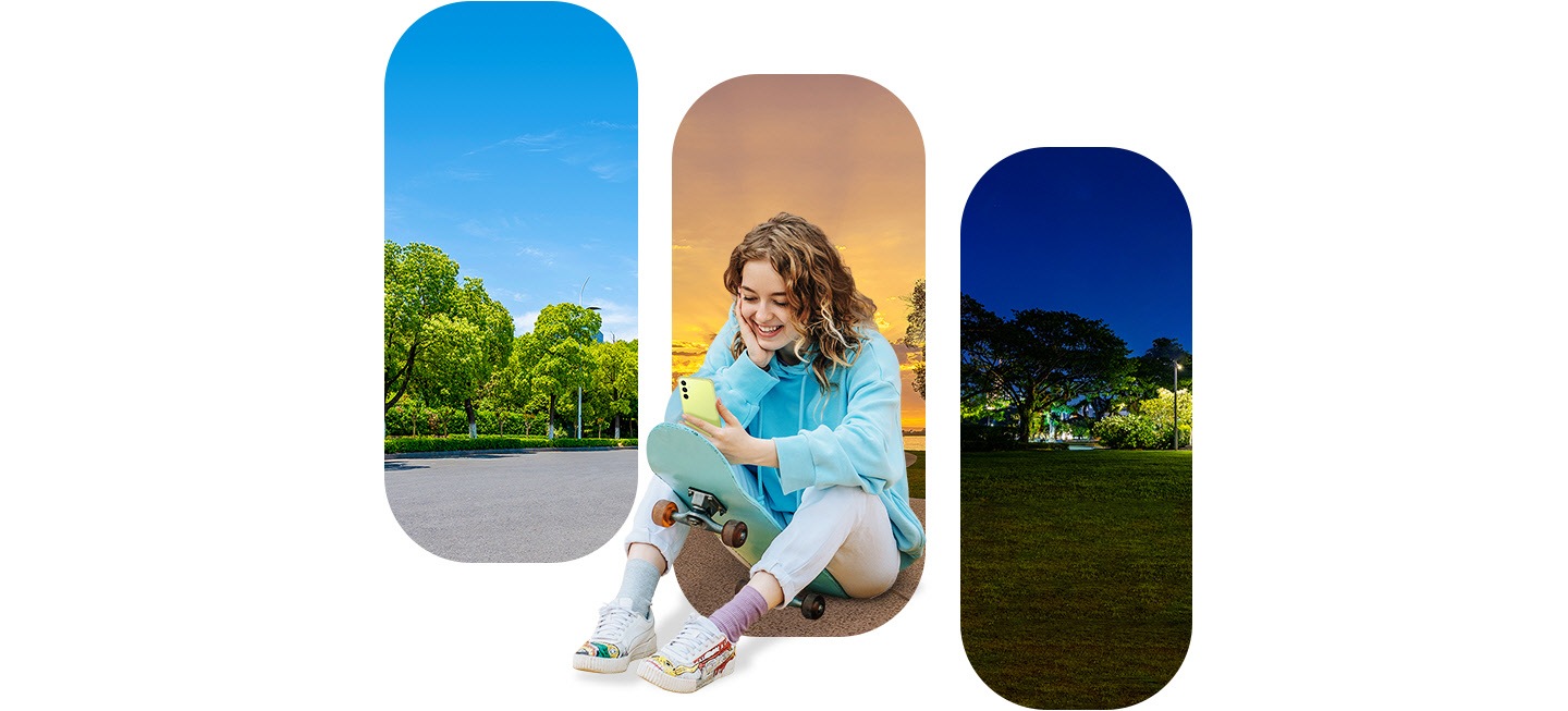 Tre immagini affiancate mostrano diversi momenti della giornata: pomeriggio, tramonto e notte. Una donna con lo skateboard è seduta davanti all'immagine del tramonto mentre guarda lo schermo del suo Galaxy A34 5G. 