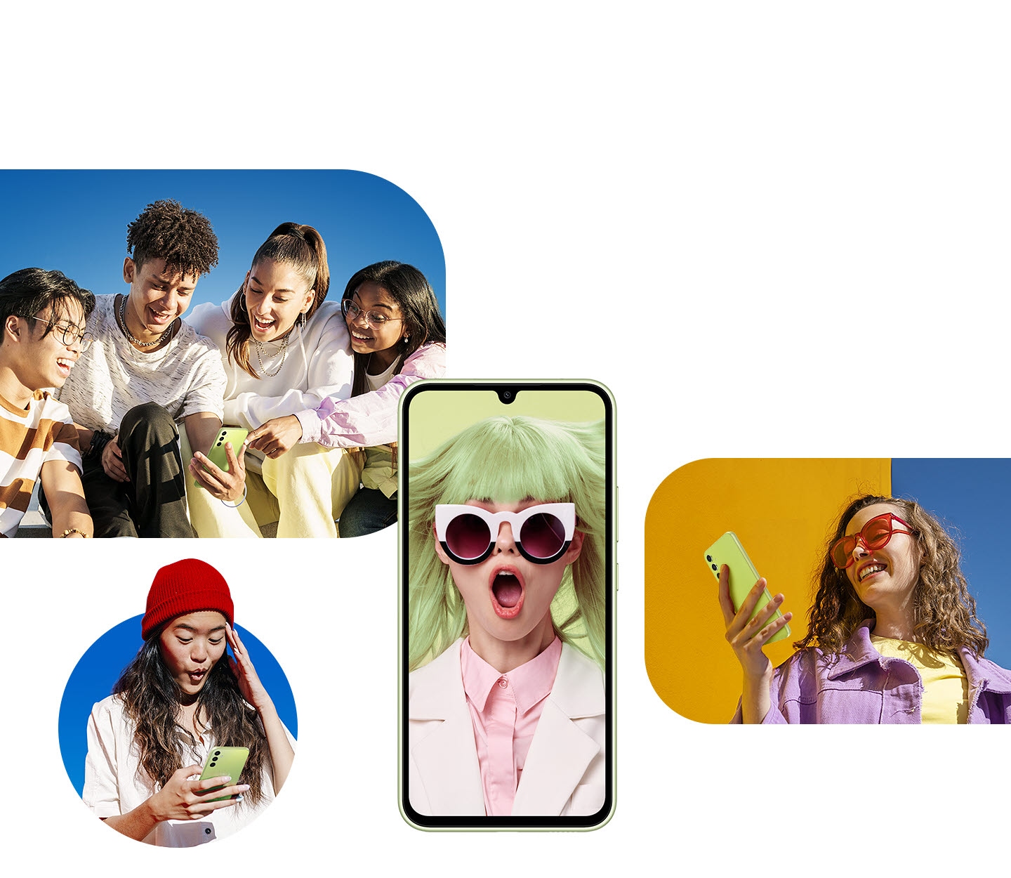 Al centro dell'immagine, un Galaxy A34 5G mostra sul display una donna con gli occhiali da sole vestita in colori accesi. Intorno a questo dispositivo, sono visualizzate immagini di un gruppo di amici e di due donne che guardano i loro dispositivi alla piena luce del giorno. 
