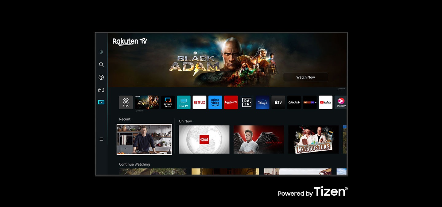 The new Smart Hub UI powered by Tizen is displayed to show a wide variety of OTT services and content being serviced.