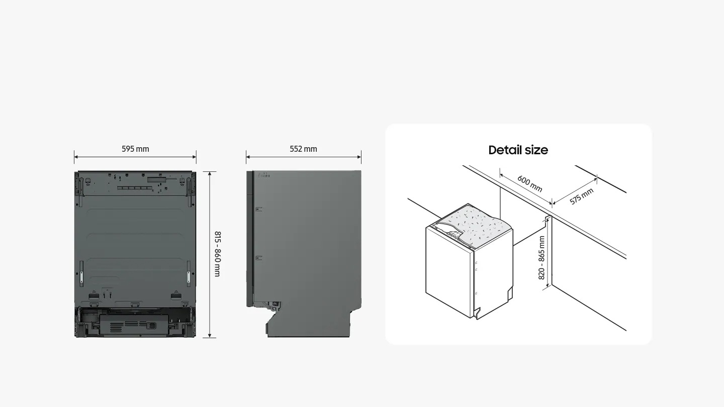 Shows the dimensions of the 3 types of dishwasher. Free Standing: height = 845mm, width = 598mm, depth = 600mm. Fully Built-in: height = 815-895mm, width = 595mm, depth (incl. door) = 552mm. Built Under: height = 815-860mm, width = 595mm, depth (incl. door) = 572mm.