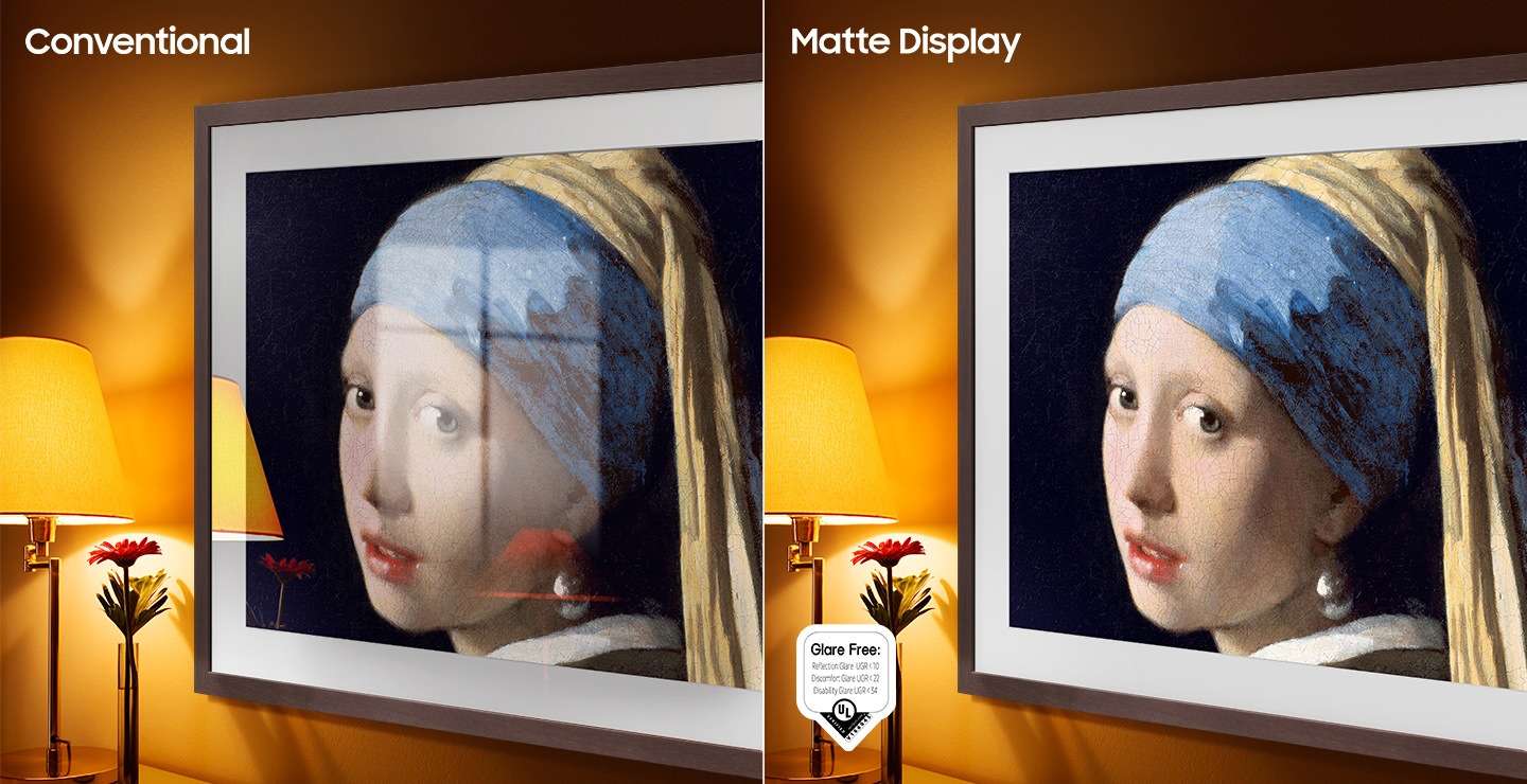 Matte Display has no glare compared to Conventional. Logo reads UL verified Glare Free Reflection Glare UGR<10, Discomfort Glare UGR<22, Disability Glare UGR<34.