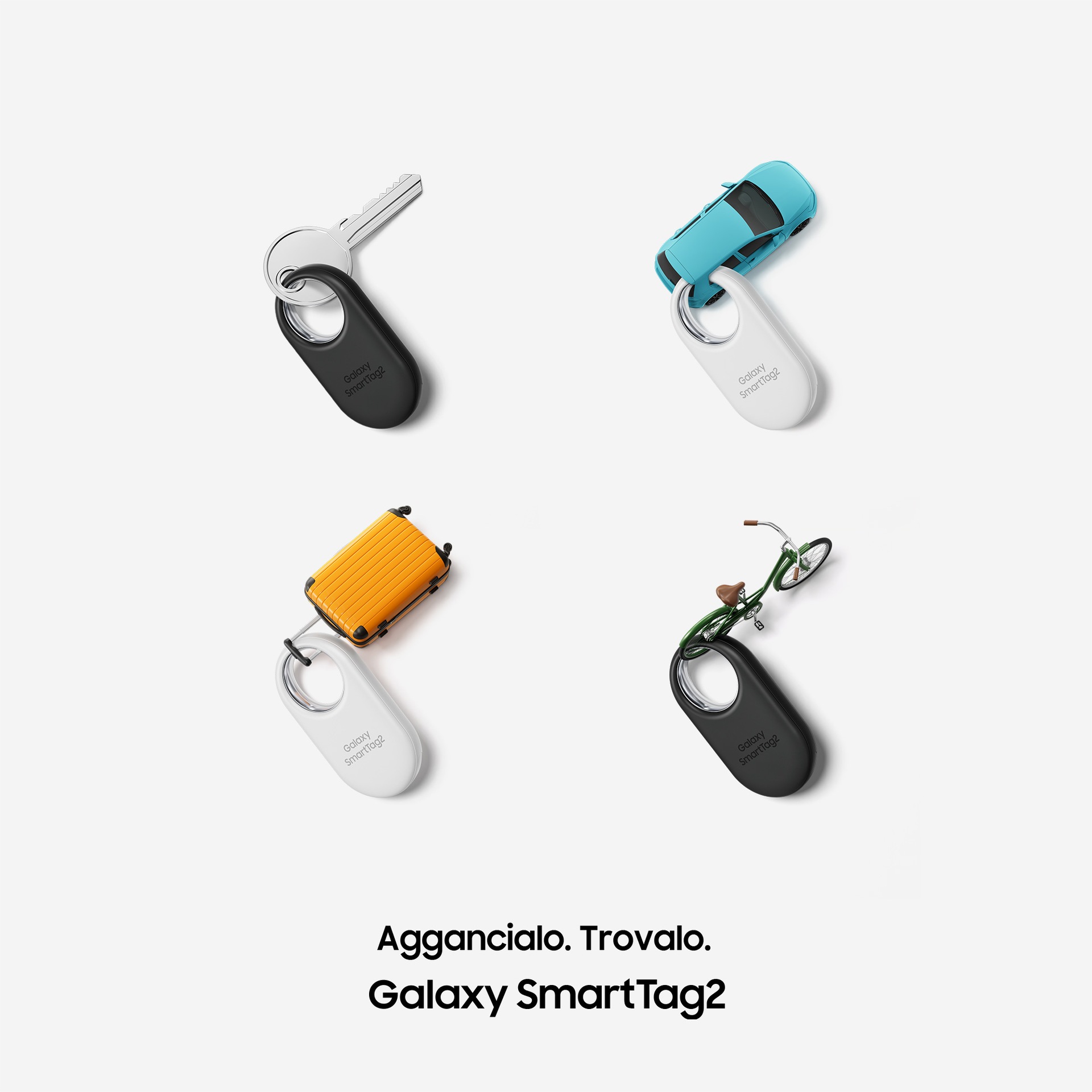 Four Galaxy SmartTag2 devices, two in white and two in black, are neatly placed. The devices are tagged to the following items: A miniature suitcase, a key, a miniature car, and a miniature bicycle.