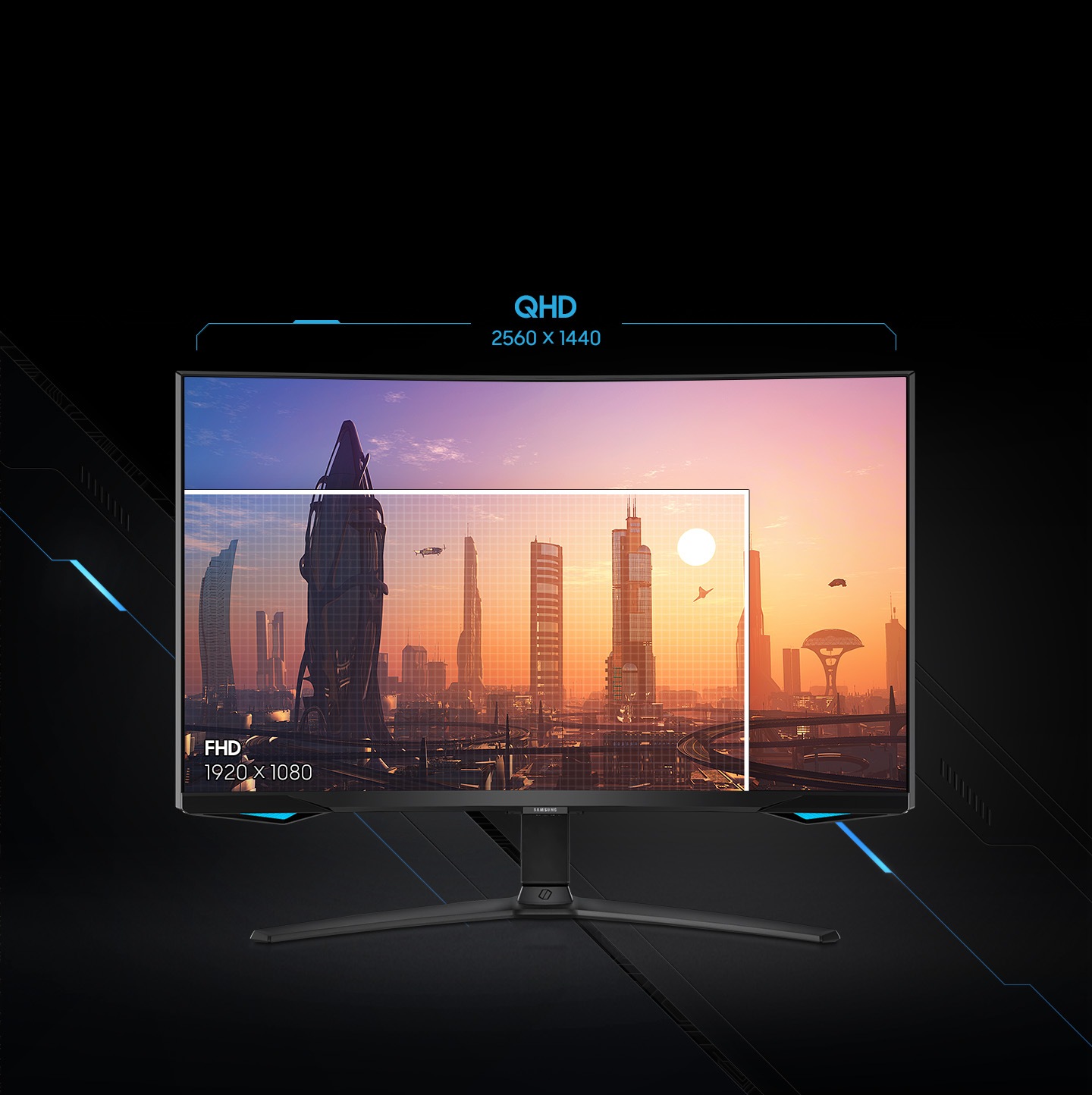A QHD (2560×1440) resolution screen is displayed on the front of the monitor. The FHD (1920×1080) area is boxed inside the screen for comparison.