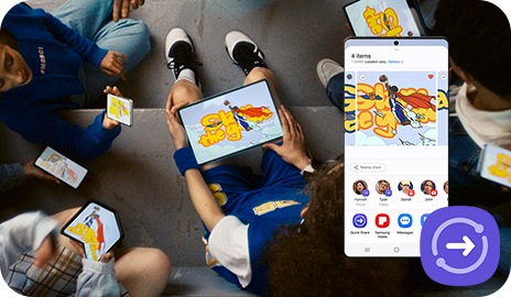 Un gruppo di persone sta guardando la stessa immagine su diversi dispositivi. A destra è visualizzato uno smartphone Galaxy con la schermata Quick Share. Accanto allo smartphone è mostrata l’icona di Quick Share.