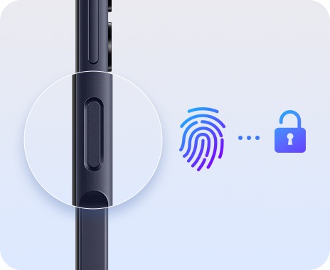 L’immagine mostra il profilo del Galaxy A25 5G con il lettore di impronte digitali ingrandito. Accanto al sensore sono indicate l’icona dell’impronta digitale e quella del lucchetto aperto con una breve linea tratteggiata che li collega.