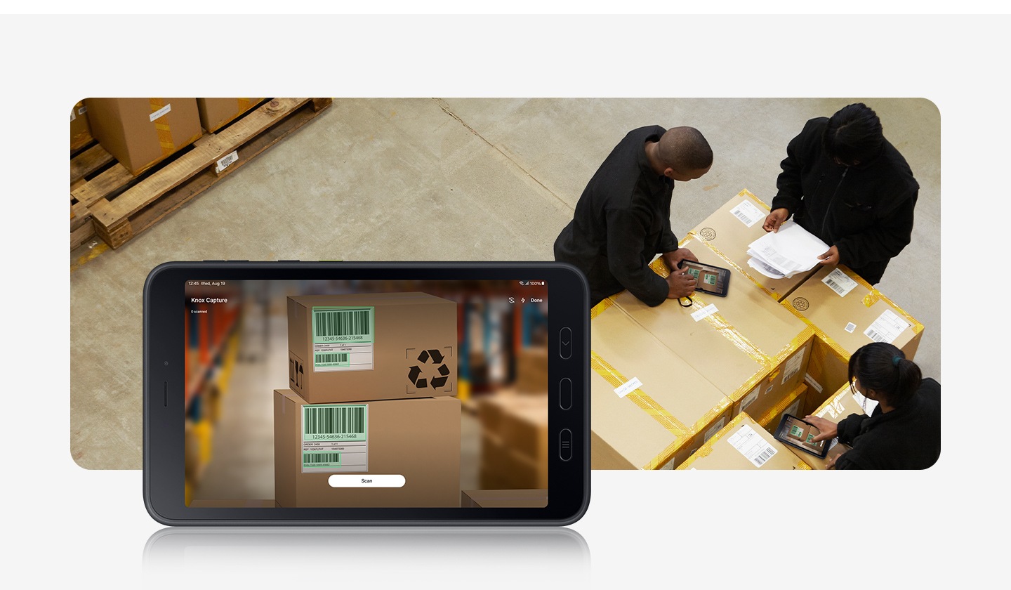 Three warehouse workers working on boxes going out for shipment, which are also shown on-screen on a Galaxy Tab Active5 5G device that is shown in the left-side foreground.