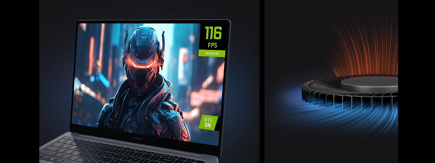 Galaxy Book4 Ultra is open, facing slightly left with a sci-fi game shown onscreen and text 116 FPS. 4K DLSS ON. RTX ON. Close-up view of one of the cooling fans blasting hot air out.