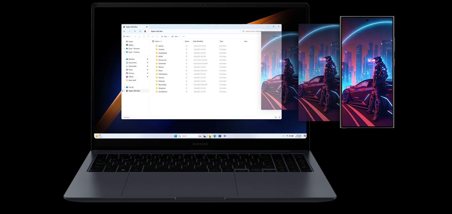 Galaxy Book4 Ultra e Galaxy S24 Ultra posti uno accanto all’altro. Un’immagine colorata aperta a schermo intero su Galaxy S24 Ultra è accessibile insieme ad altre cartelle da Galaxy Book4 Ultra usando Esplora file.