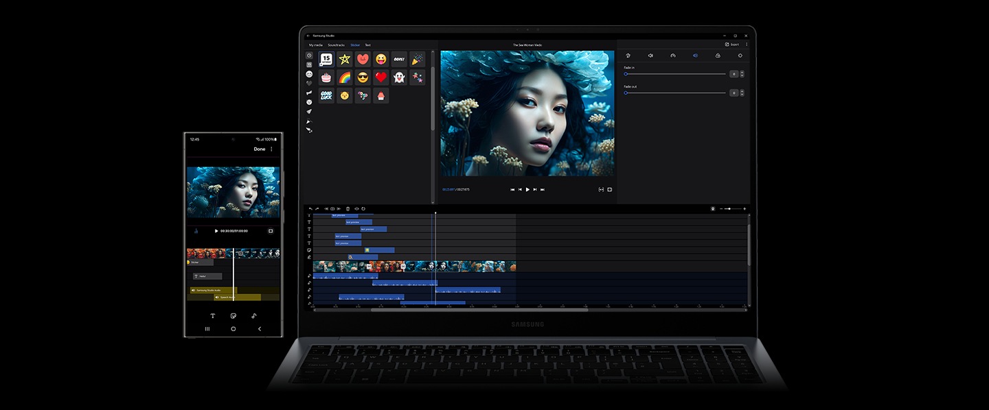Galaxy S24 Ultra and Galaxy Book4 Ultra placed next to each other with Samsung Studio app open onscreen and the same video content being edited on both devices.