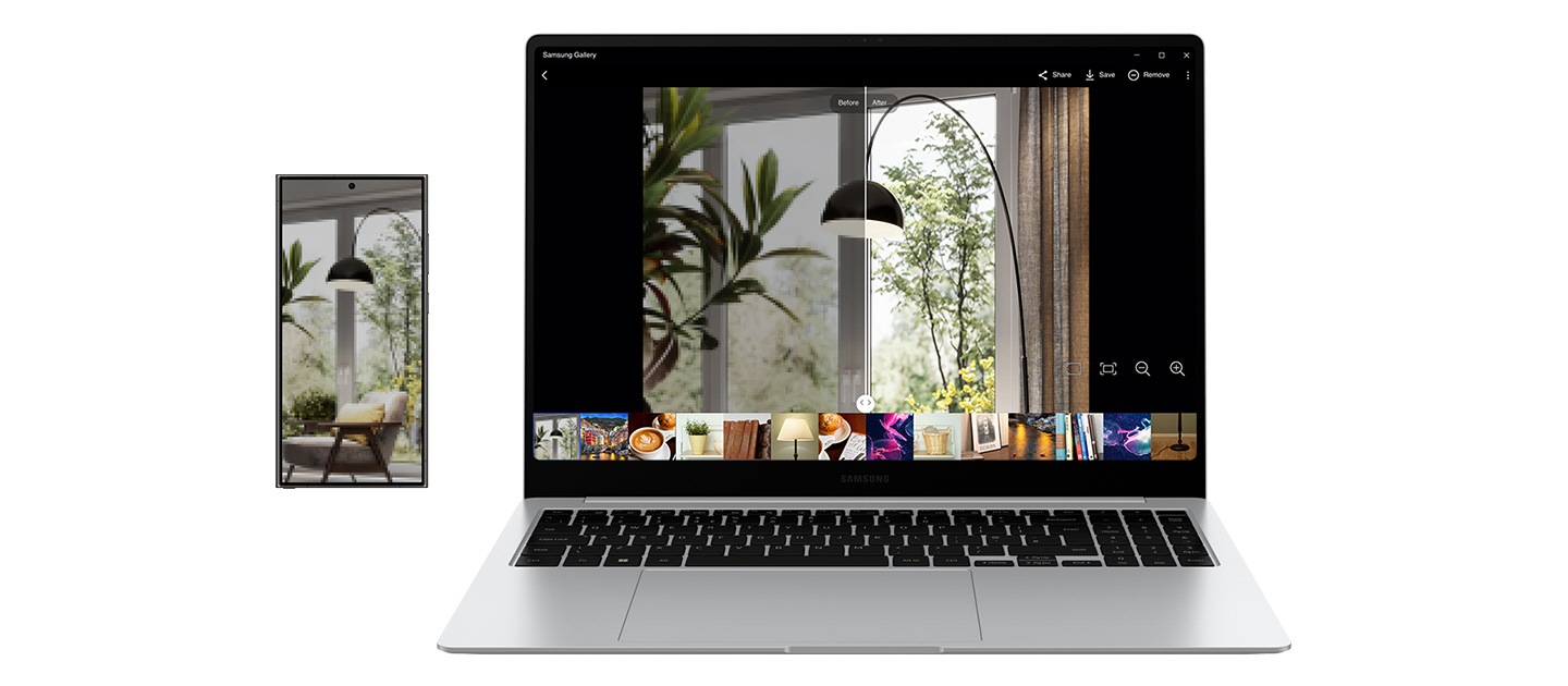 L’immagine dell’interno di una casa mostrata a schermo intero su Galaxy S24 Ultra è aperta nell'app Samsung Gallery su Galaxy Book4 Pro e viene rimasterizzata con Photo Remaster. L'immagine a schermo è divisa a metà da un cursore: il lato sinistro mostra l'immagine prima della rimasterizzazione e il lato destro la mostra rimasterizzata con qualità migliorata.
