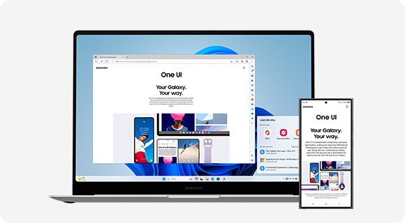 Galaxy Book4 Pro e Galaxy S24 Ultra posti uno accanto all'altro. Una pagina web è aperta sullo schermo di Galaxy S24 Ultra ed è visibile anche sullo schermo di Galaxy Book4 Pro per evidenziare che i due dispositivi sono sincronizzati.