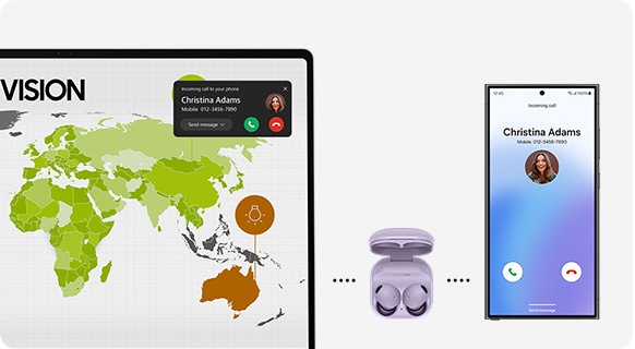 Galaxy Buds2 abbinati a Galaxy Book4 Pro e Galaxy S24 Ultra. La schermata di chiamata in entrata viene visualizzata su Galaxy S24 Ultra e la notifica di chiamata appare su Galaxy Book4 Pro durante la visualizzazione di una slide di presentazione a tutto schermo. L'audio dei Galaxy Buds2 Pro passa automaticamente dal laptop allo smartphone.
