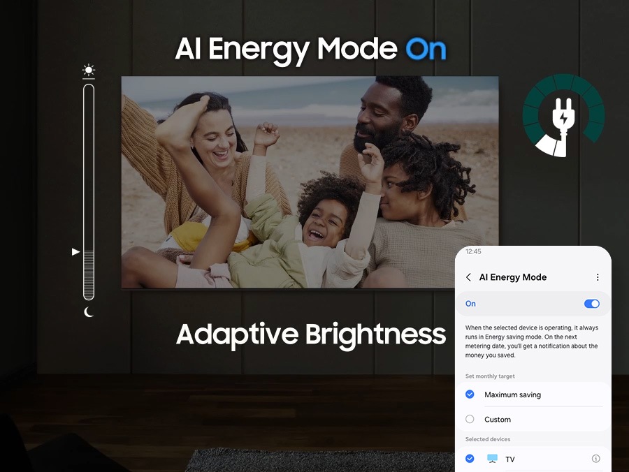 Lorsque le mode AI Energy est désactivé, l’environnement autour du téléviseur apparaît lumineux. Un écran de smartphone affichant le mode AI Energy apparaît et passe de Off à On. Avec la luminosité adaptative et le mode AI Energy activés, le niveau d'énergie diminue considérablement et l'échelle passe du jour à la nuit.