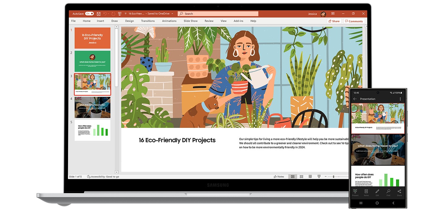 Galaxy Book4 in Silver e Galaxy S24 Ultra posti uno accanto all'altro. Una presentazione colorata, aperta nell'app Microsoft PowerPoint sullo schermo di Galaxy S24 Ultra, viene mostrata a schermo intero su Galaxy Book4 per evidenziare l'ecosistema inter-dispositivo.