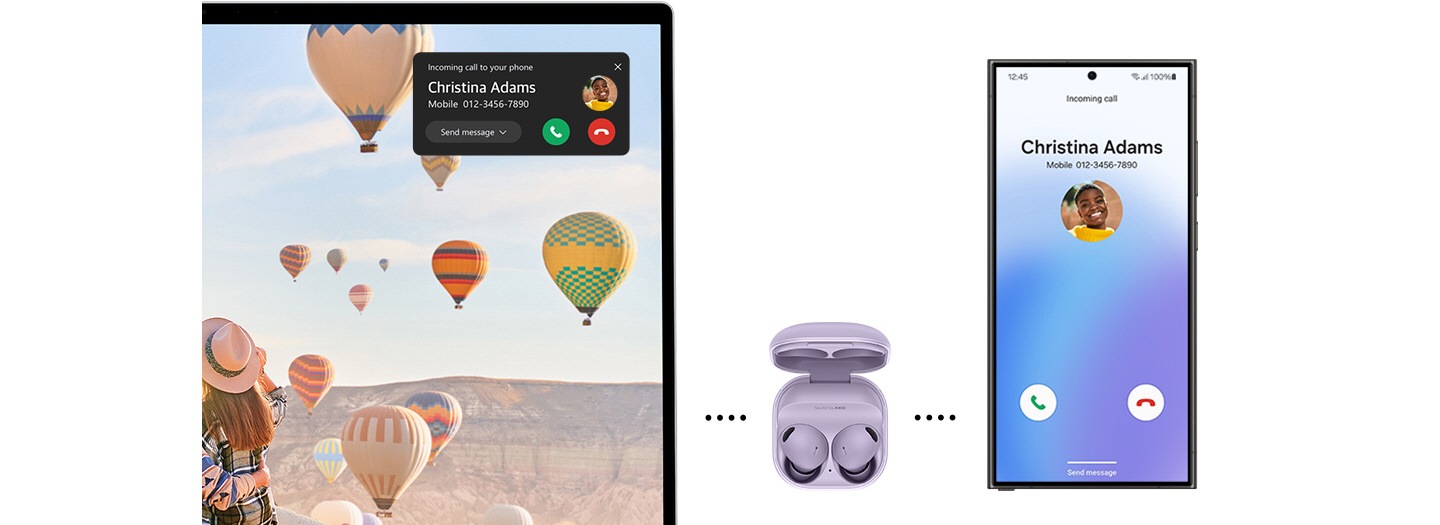 Galaxy Buds2 abbinati a Galaxy Book4 e Galaxy S24 Ultra. Su Galaxy S24 Ultra viene visualizzata la schermata di chiamata in arrivo mentre su Galaxy Book4 la notifica di chiamata appare. L'audio dei Galaxy Buds2 Pro passa automaticamente dal laptop allo smartphone.