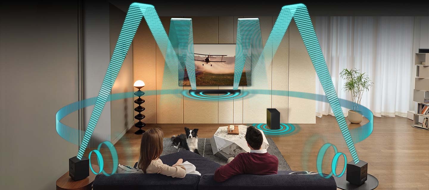 In a living room, a couple sits on a sofa and watches TV. The TV is installed onto the wall, with a Soundbar and subwoofer underneath. A pair of rear speakers are set on side tables to the back of the room. Sound waves emanate from the Soundbar and rear speakers in various angles, traveling in multiple directions to fill the room. Then round sound waves emanate from all the sound devices, including the subwoofer.