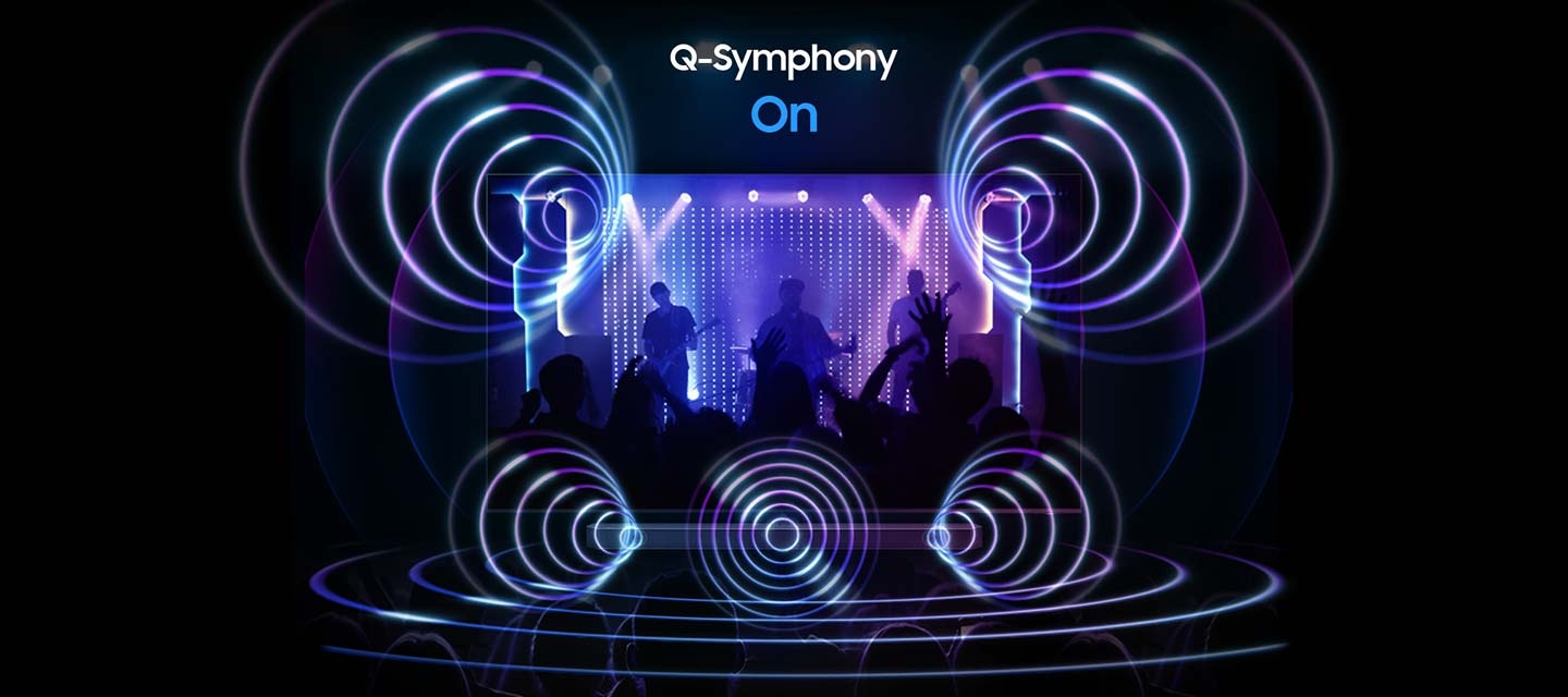 A TV screen depicts a lively concert scene. Directly underneath is a Soundbar. When Q-Symphony is Off, the Soundbar plays audio by itself, giving off small sound waves. When Q-Symphony is On, the TV and Soundbar play audio together at the same time, with both giving off large sound waves in sync.