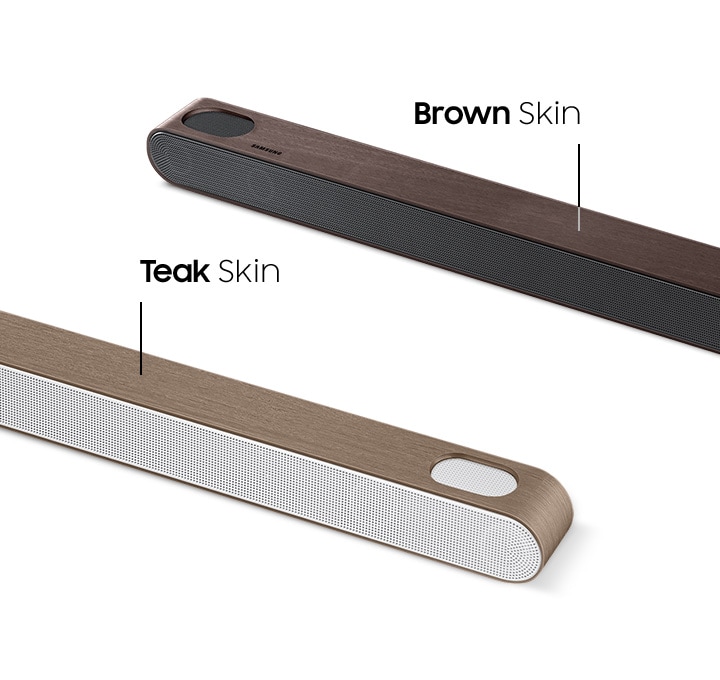 Two Ultra Slim Soundbars display different skin options. One has a Brown Skin, and the other has a Teak Skin.