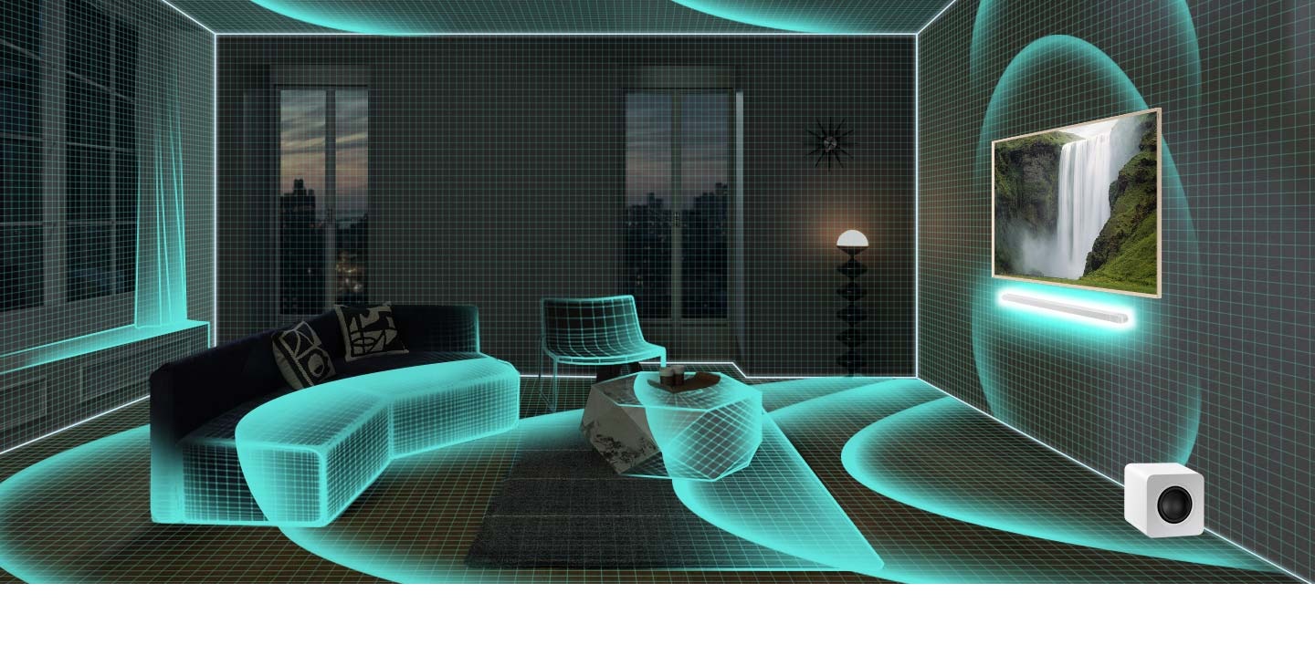 A living room with modern decor transforms into a sketch style, with most of the objects fading into mere outlines. The Ultra Slim Soundbar gives off a single pulse that travels across the entire room and analyzes the space. Then the Soundbar and subwoofer emanate sound waves, indicating that audio is being played.