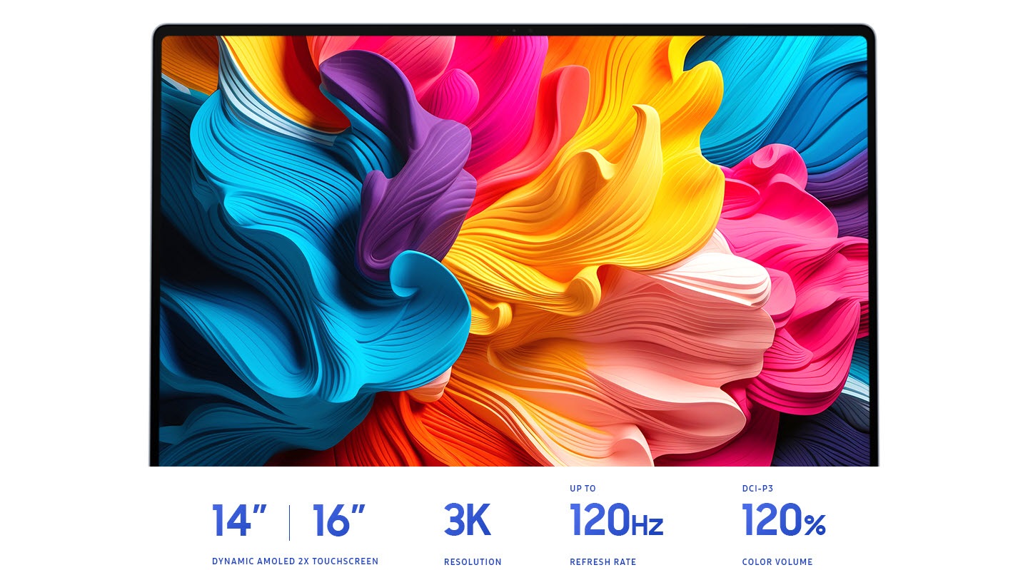 Un Galaxy Book4 Edge nel colore Sapphire Blue aperto, rivolto in avanti con uno sfondo colorato visualizzato a video. TOUCHSCREEN DYNAMIC AMOLED 2X DA 14 O 16 POLLICI. RISOLUZIONE 3K. FREQUENZA DI AGGIORNAMENTO FINO A 120 HZ. 120% VOLUME COLORE NELLA GAMMA CROMATICA DCI-P3.