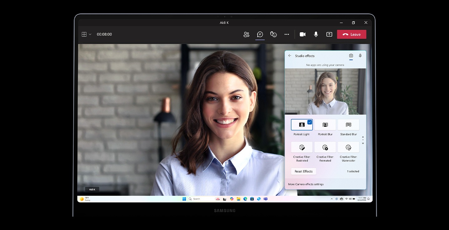 Microsoft Teams video call with a young woman shown onscreen on Galaxy Book4 Edge and Windows Studio Effect open to select between various AI effects and filters.
