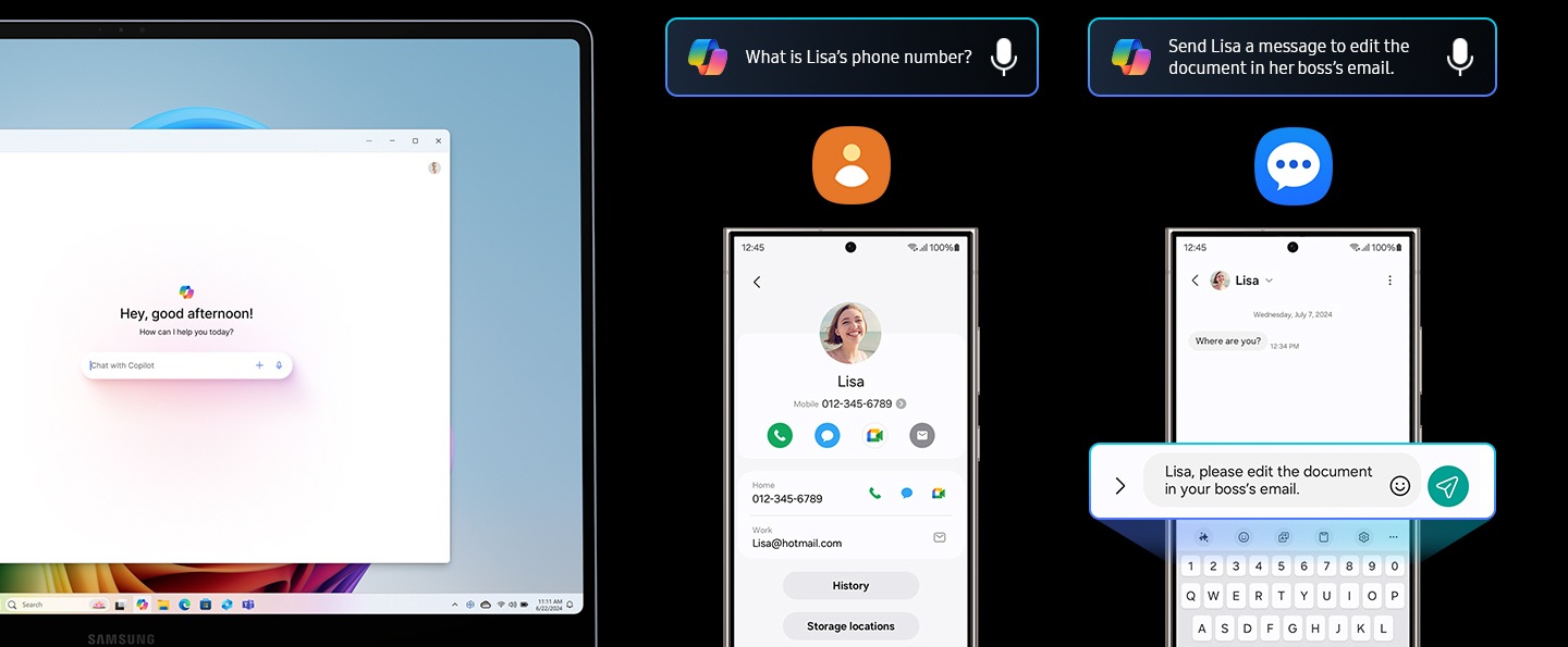 Un Galaxy Book4 Edge aperto e rivolto in avanti con Microsoft Copilot visualizzato a video. Accanto, due smartphone Galaxy S24 Ultra. Quello di sinistra mostra la scheda contatto di Lisa, insieme all'icona dei contatti e a un comando che richiede il suo numero di telefono usando Microsoft Copilot. Quello di destra mostra un messaggio per Lisa, con l'icona dei messaggi e un comando di Microsoft Copilot che chiede di scriverle di modificare il documento come da email del suo capo.