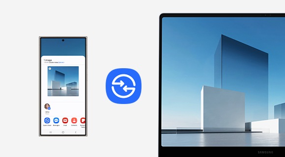 An abstract image selected on the screen of Galaxy S24 Ultra is shared via Quick Share to Galaxy Book4 Edge and open for editing in Samsung Studio app. Quick Share icon is shown.