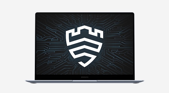 Galaxy Book4 Edge is open facing front, Samsung Knox logo are shown on top of the device's screen.