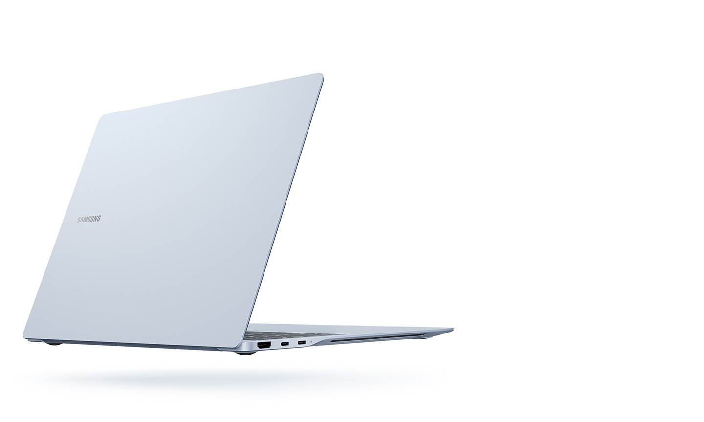 Galaxy Book4 Edge is open, facing back right with the Samsung logo visible on the laptop cover.