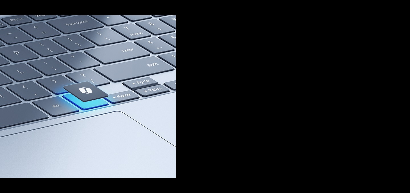 Primo piano della tastiera e del touchpad di Galaxy Book4 Edge con il tasto AI dedicato messo in evidenza e sospeso rispetto agli altri tasti.