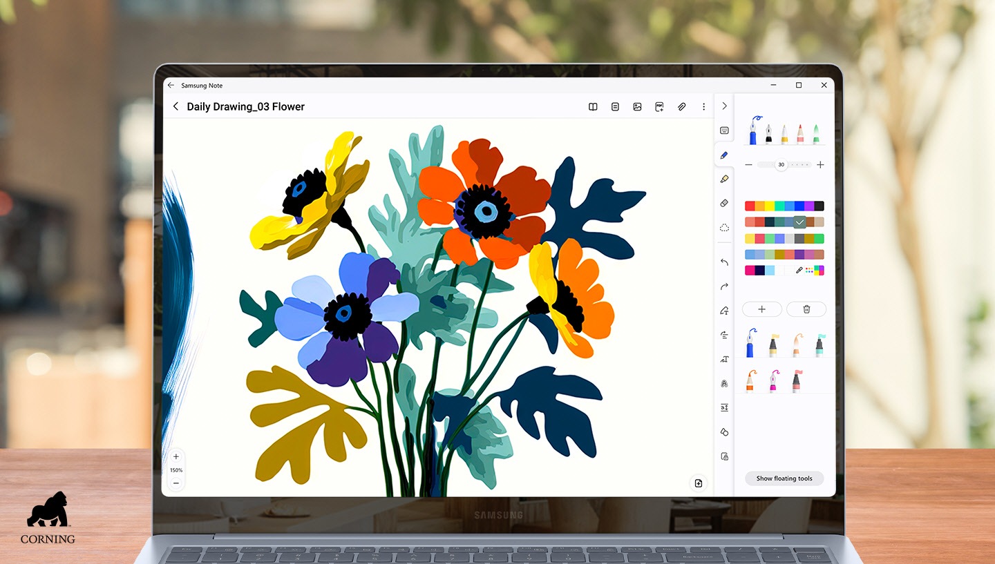 Galaxy Book4 Edge is placed on a desk with a colorful image open for editing in Samsung Notes app onscreen. There are less reflections and glare on the onscreen image thanks to Corning Gorilla Glass with DX. CORNING logo is shown.