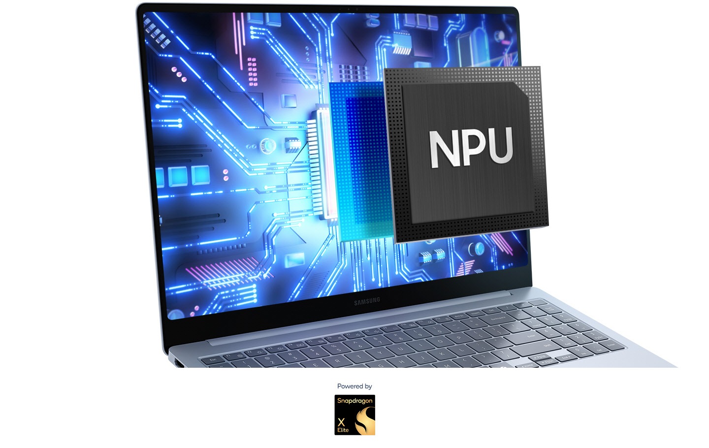 Galaxy Book4 Edge is open, facing slightly right with the chipset's circuit shown onscreen and the NPU popping out of the screen. Snapdragon X Elite PROCESSOR logo.