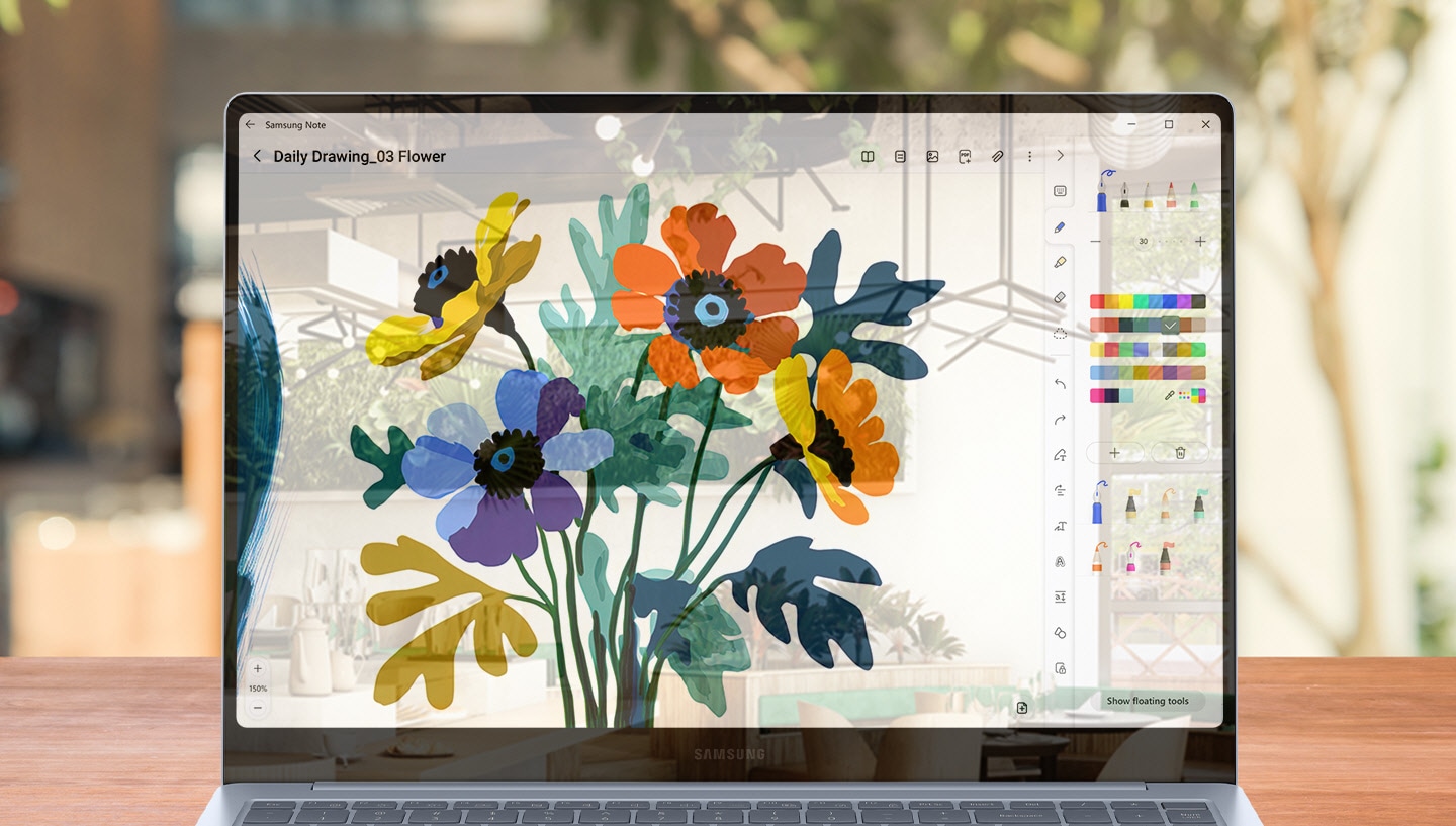Galaxy Book4 Edge este așezat pe un birou, cu o imagine colorată deschisă pentru editare în aplicația Samsung Notes pe ecran. Există unele reflexii și străluciri pe imaginea de pe ecran.