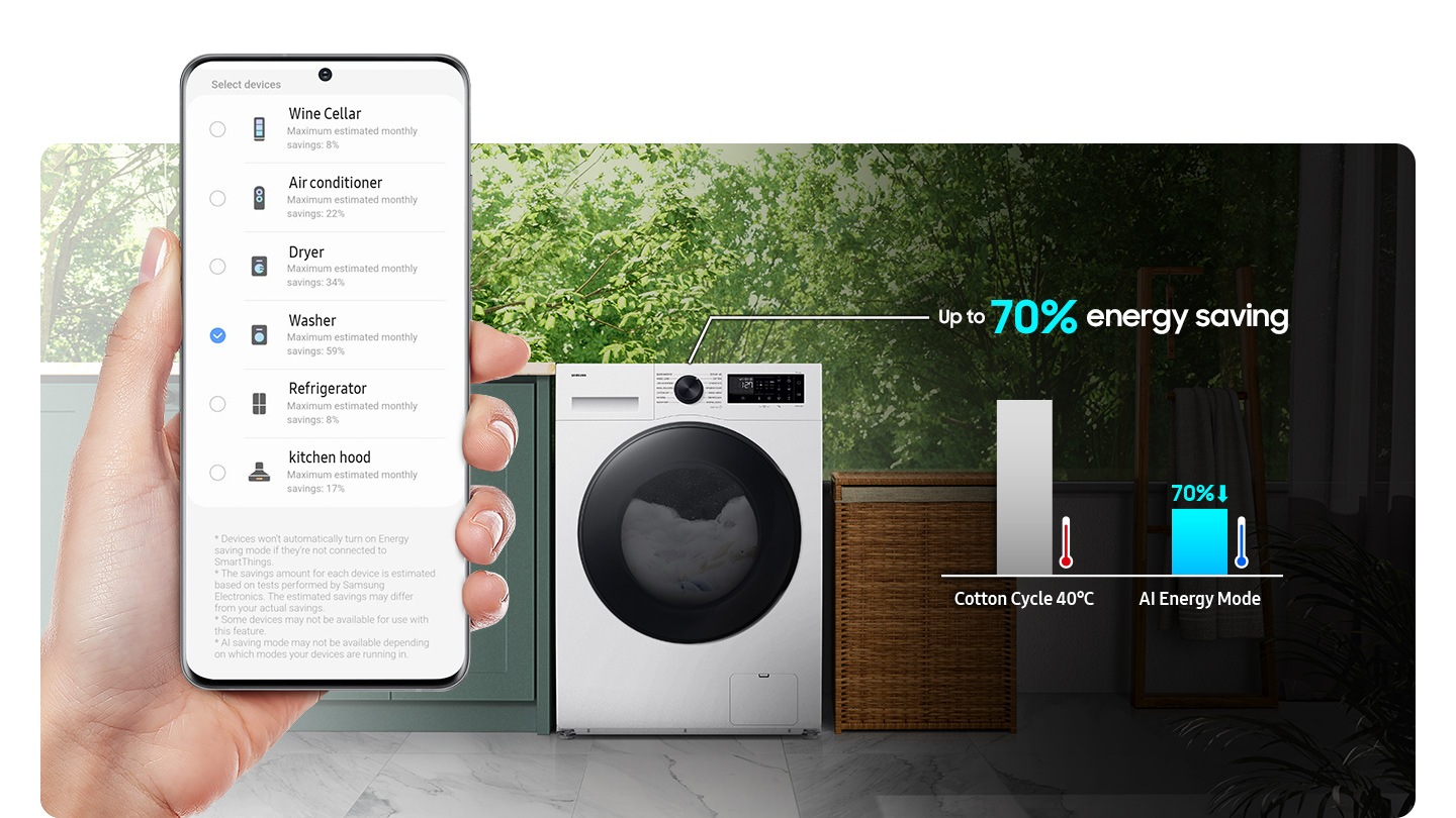 The AI ​​Energy Mode for Washer is activated by checking the mode button to 'On' and selecting the device you want to run on your smartphone. AI Energy mode reduces energy consumption up to 70% more than the 40ºC cotton cycle.