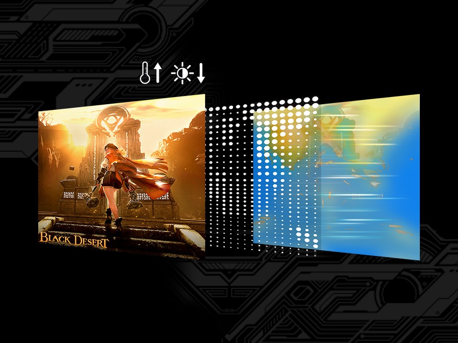 A scene from the game Black Desert is on the screen. Behind the screen are dots. Behind the dots is a thermal map, showing warmer colors where the bigger dots and brighter parts of the screen are. As the temperature rises, the brightness automatically decreases, which is also displayed as icons.