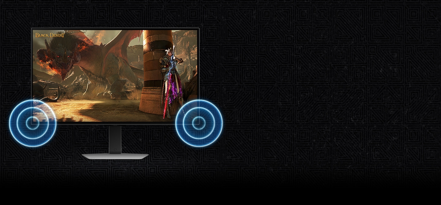 A monitor is shown with a scene from Black Desert, showing a warrior fighitng a dragon. Sounds waves are seen coming out of the bottom corners of the monitor.