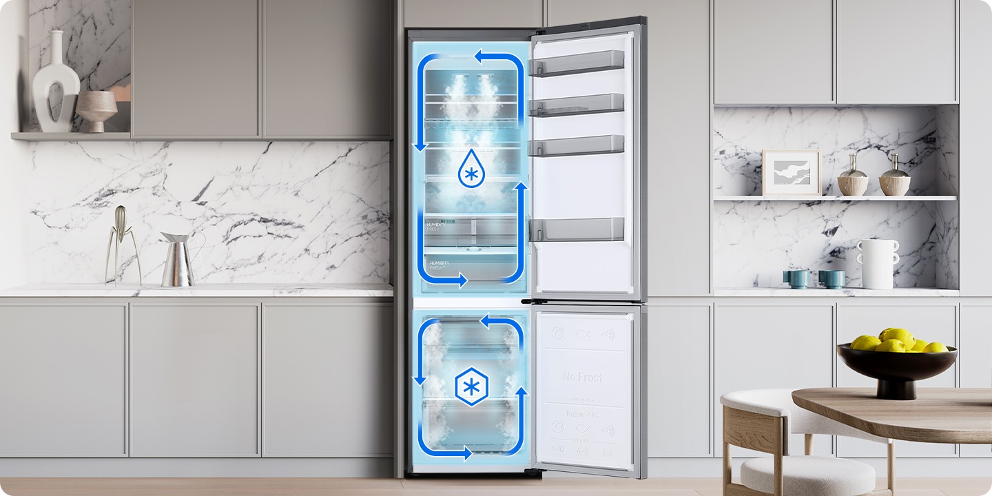 The RB7300's Twin Cooling™ systems, with refrigeration space at the top, and a freezing chamber at the bottom.