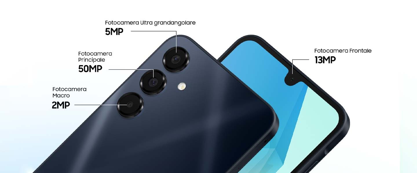 Two Galaxy A16 5G devices. One viewed from the back, showcasing the 5MP Ultra Wide Camera, 50MP Main Camera and 2MP Macro Camera. The other viewed from the front, highlighting the 13MP Front Camera.