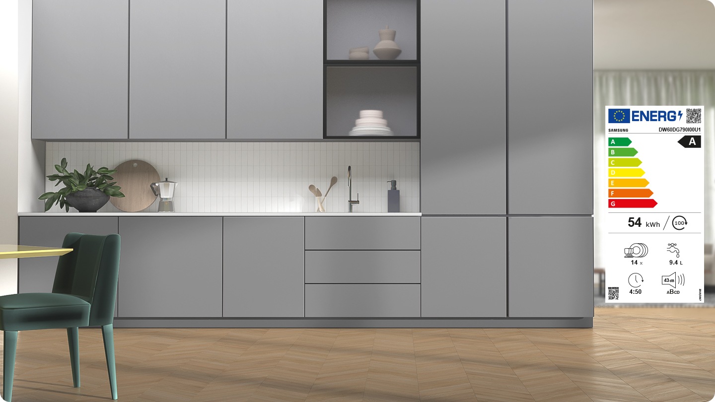 DW7700B is installed seamlessly with existing kitchen cabinets. Energy label certified by European energy labelling system is on the side. It is A energy grade and high energy efficiency. The label model is DW60DG790I00U1. Energy consumption : 54kwh / 100 cycle, Rated capacity : 14x, Water consumption : 9.4L, Program duration : 4:50 (h:min), Noise : 43dB / B grade among ABCD.