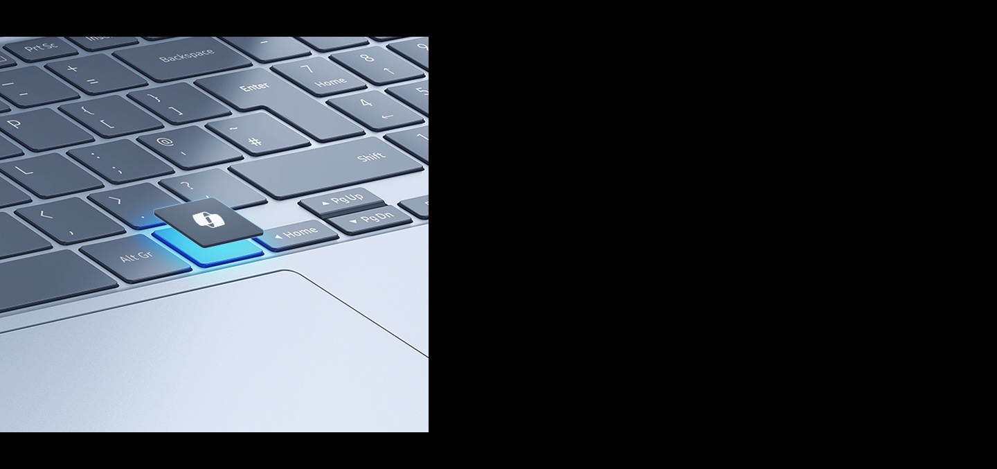Close-up view of the keyboard and touchpad area on Galaxy Book4 Edge with the dedicated AI key highlighted and floating above the keyboard.