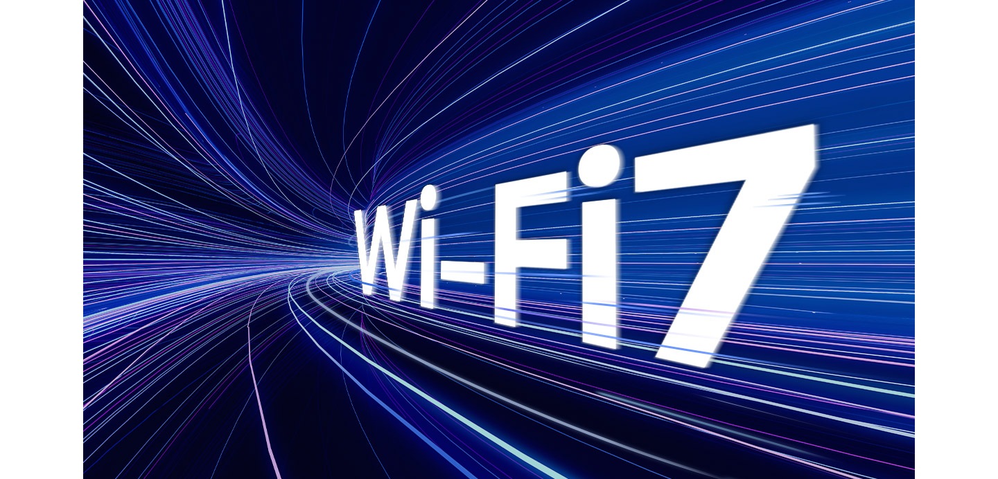 Wi-Fi 7 letters in white in a light tunnel with colorful lines of light speeding through the tunnel.