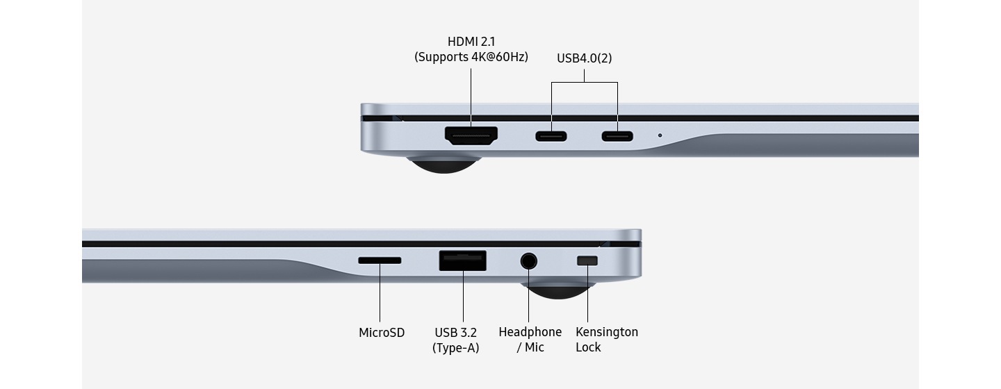 Two Galaxy Book4 Edge devices in Sapphire Blue are set on the left and right side view to highlight the port layout. Ports are labeled Kensington Lock. HDMI 2.1 (Supports 4K@60Hz). USB4.0(2). MICRO SD. USB 3.2 TYPE-A. Headphone / Mic.