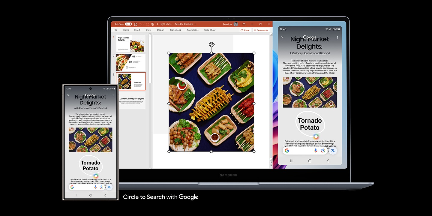 Galaxy S24 Ultra is connected to Galaxy Book4 Edge through the Phone Link app. A person is using Circle to Search with Google from Galaxy S24 Ultra directly on Galaxy Book4 Edge to look up a food image, which is then copied and pasted onto a presentation file open on the laptop's screen.