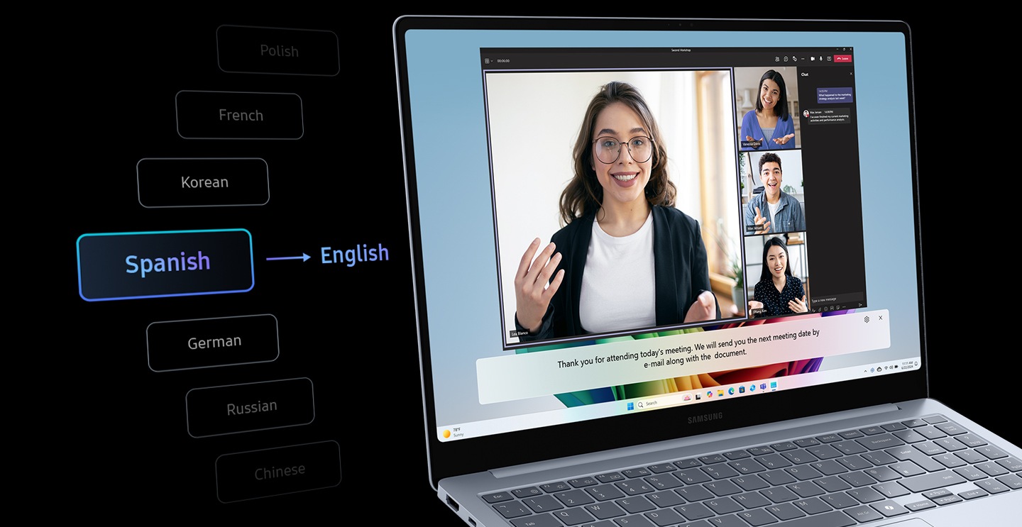 Galaxy Book4 Edge is open, facing slightly right with a Microsoft Teams group video call with 4 participants open onscreen. Live Captions with real-time AI translation from Spanish into English is activated and English captions are shown onscreen.