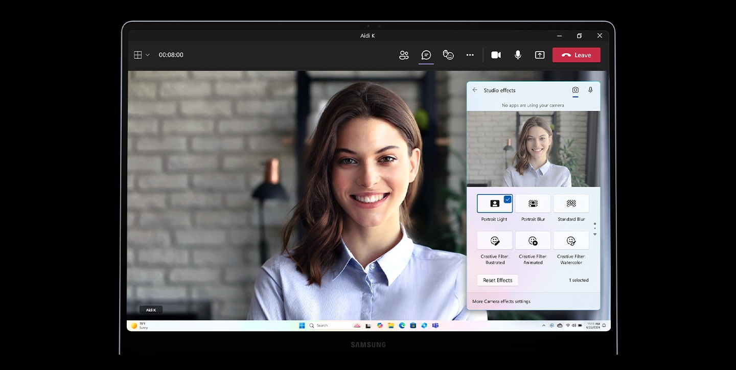 Microsoft Teams video call with a young woman shown onscreen on Galaxy Book4 Edge and Windows Studio Effect open to select between various AI effects and filters.