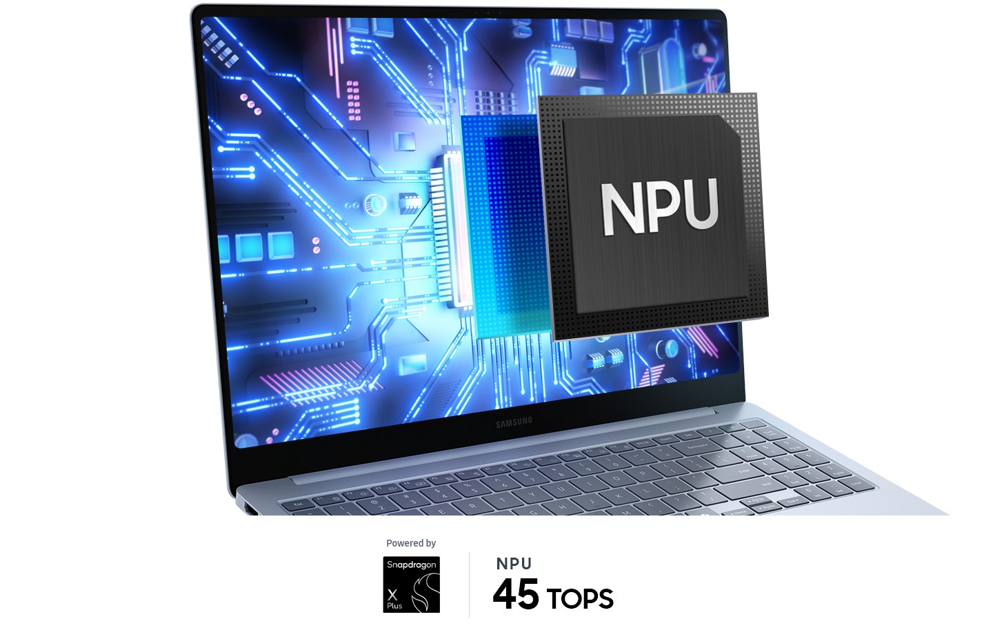 Galaxy Book4 Edge is open, facing slightly right with the chipset's circuit shown onscreen and the NPU popping out of the screen. NPU capable of 45 TOPS and  Powered by Snapdragon X Plus PROCESSOR logo shown.