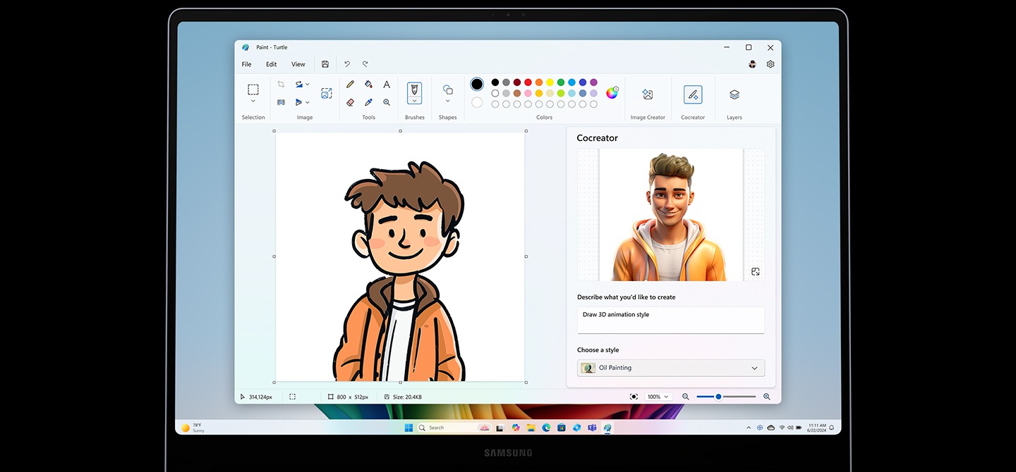 Paint app open onscreen on Galaxy Book4 Edge with the Cocreator feature being used to turn a sketch of a person into an AI-generated image using a 3D animation style.
