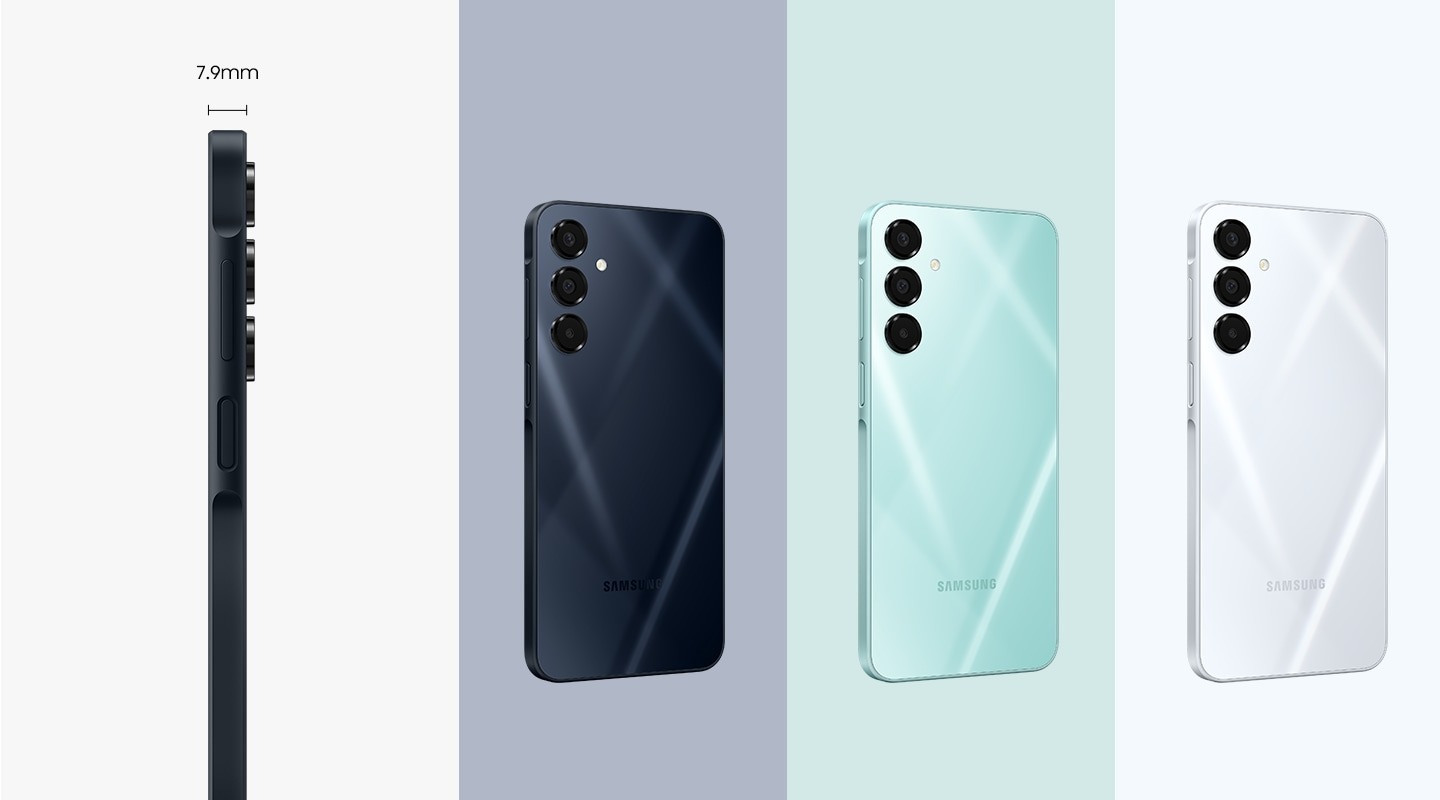 Five Galaxy A16 5G devices are shown. One is facing sideways with a caption reading 7.9mm, highlighting its slim profile. The other four in Blue Black, Light Green, Gold, and Light Gray are viewed from the back.