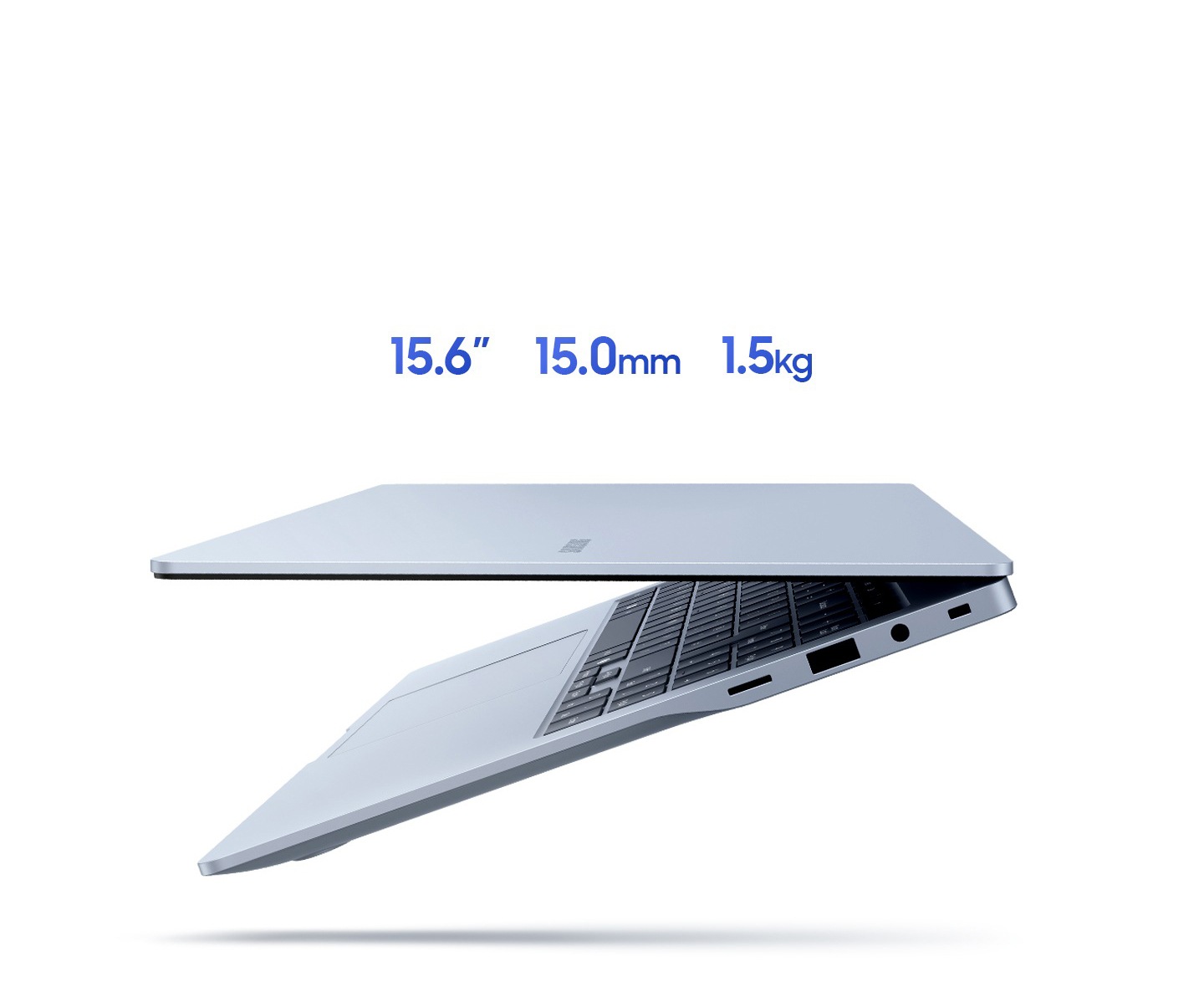 Galaxy Book4 Edge is set on the left side view, slightly open and floating in mid-air. The 15.6-inch model has thickness of 15mm and weighs 1.5kg.