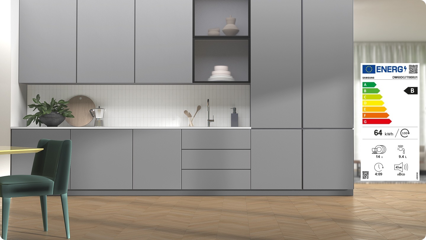 DW7700B is installed seamlessly with existing kitchen cabinets. Energy label certified by European energy labelling system is on the side. It is A energy grade and high energy efficiency. The label model is DW60DG790I00U1. Energy consumption : 54kwh / 100 cycle, Rated capacity : 14x, Water consumption : 9.4L, Program duration : 4:50 (h:min), Noise : 43dB / B grade among ABCD.
